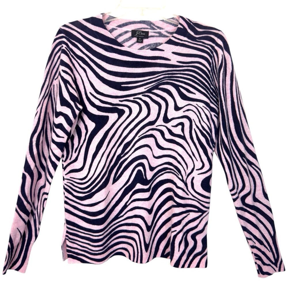 J.Crew 100% Cashmere Crewneck Sweater Womens Size S Light Pink Blue Zebra Stripe